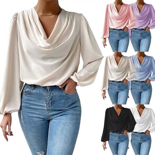 

2023 new chiffon long sleeve shirt loose draped v-neck t-shirt women's wear, White