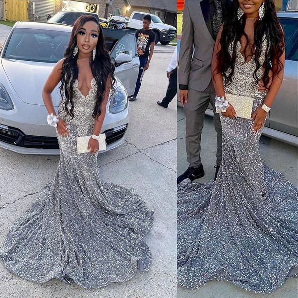 

2023 prom dresses long sparkly jewel neck illusion luxury silver crystals diamond sequined lace mermaid black girl evening formal gowns gray