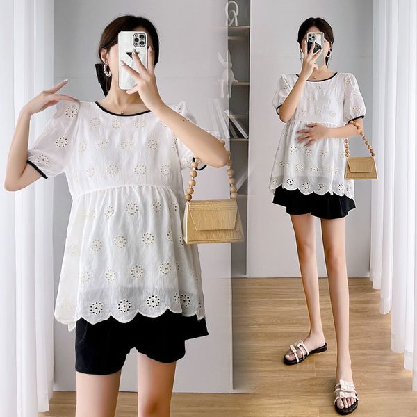 

sleep lounge maternity suit summer sweet lace shirt women hollow round neck shortsleeve two piece set 230320, White