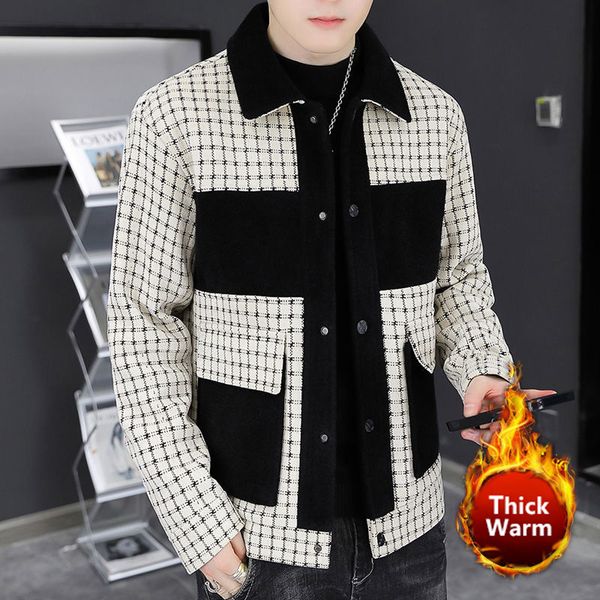

men's wool blends steetwear lapel contrast color jacket ropa de hombre winter men trench coat contrasting colors lattice 230320, Black