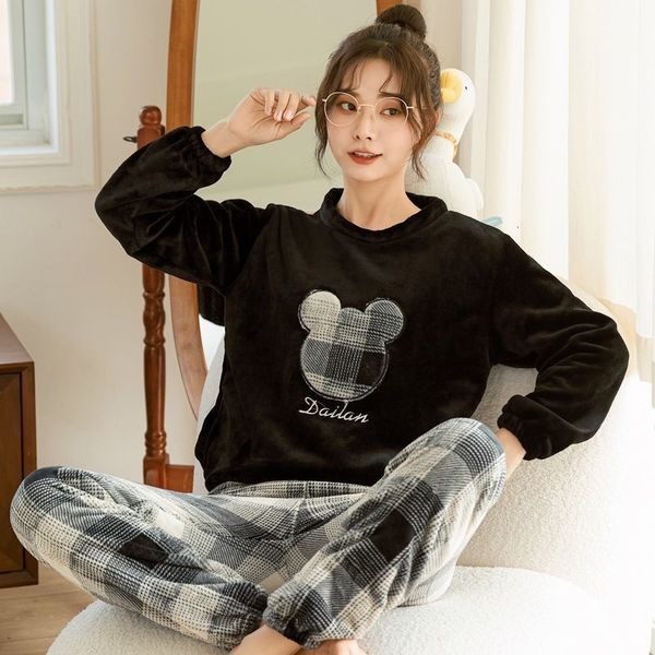 

women's sleepwear winter pajamas set casual cartoon full sleepwear for women warm thick pyjama women's flannel fashion homewear cl, Black;red