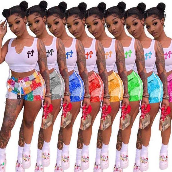 

designer 2023 new women tracksuits two piece set with double cross printed slim fit sports tank shorts outfits, Gray