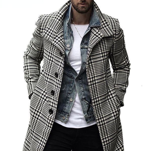 

men's wool blends mens fashion plaid checked trench coat slim fit streetwear overcoat single breasted outwear windbreaker 230321, Black