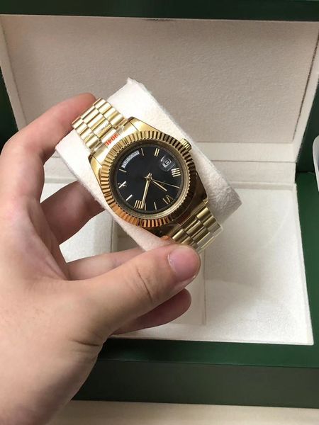 

with original box luxury watches 41mm mens 18k yellow gold black dial roma automatic fashion brand men's watch wristwatch, Slivery;brown