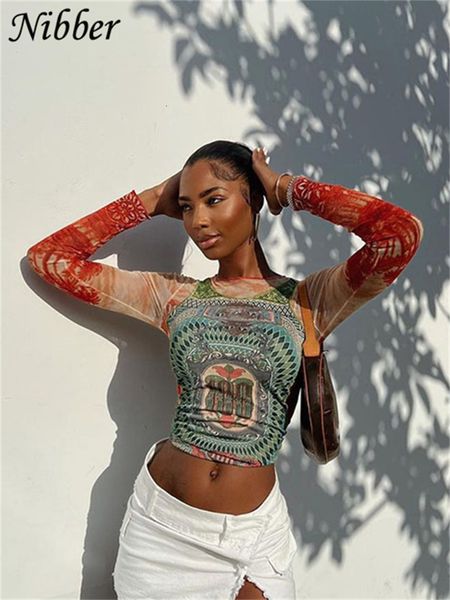 

womens tshirt nibber autumn art print tshirt wear longsleeved oneck short section navel slim fit female street comfortable 230321, White