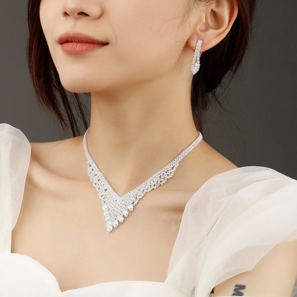 

new style elegant pendant earring suit inlaid zircon rhinestone crystal earring twinkle bridal neklace chain adjustable length necklace non, Silver
