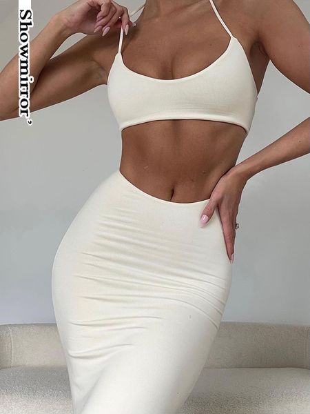 

two piece dress showmirror elegant solid sets womens summer outifits matching club party and skirts clothes 230321, White