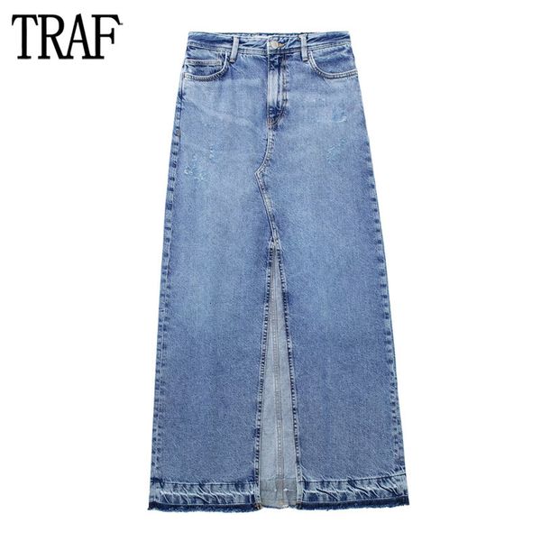 

skirts traf denim long for women blue high waist woman fashion 2023 faded slit maxi spring button 230321, Black