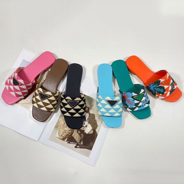 

2023 designer brand prad embroidered fabric slippers flat slides black beige pink mules sandals size 35-42