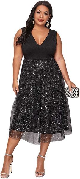 

casual dresses floerns womens plus size v neck sleeveless contrast mesh evening midi dress, Black;gray