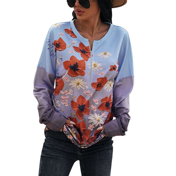 

crew neck floral printed women's t-shirt long length half zipper closure panelled fashion pullover & tees with regular long sleeves sp, White
