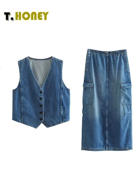 

two piece dress tellhoney women fashion vneck single breasted vest female suit elastic waist hem slit long skirt casual denim set 230321, White
