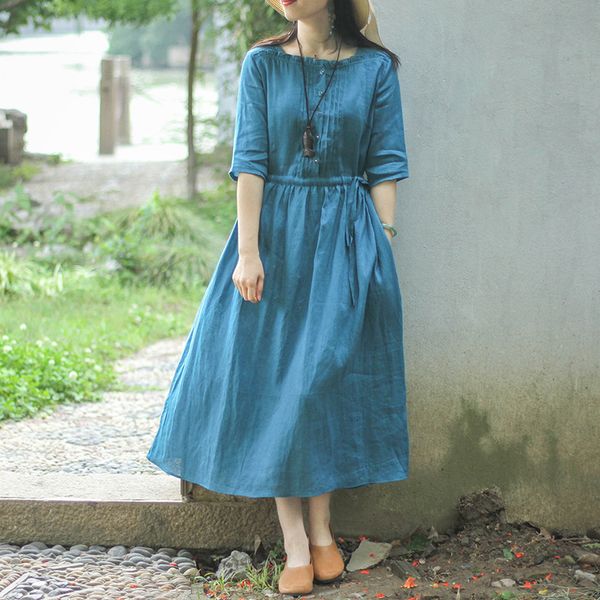 

casual dresses arrival edible tree fungus folds cotton linen vintage summer dress office lady work dress women casual midi dress 230321, Black;gray