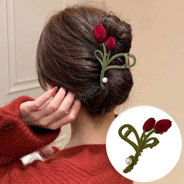

elegant velvet tulip grip clip female fashion hair clips ladies ponytail clip hair claw hair accessories headdress, Slivery;white