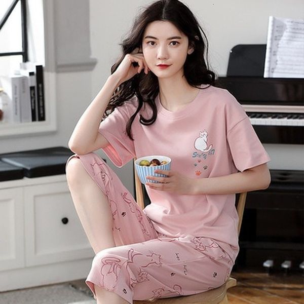 

women's sleepwear large size pajamas ladies summer short sleeve thin cartoon round neck cotton homewear suit 230321, Black;red