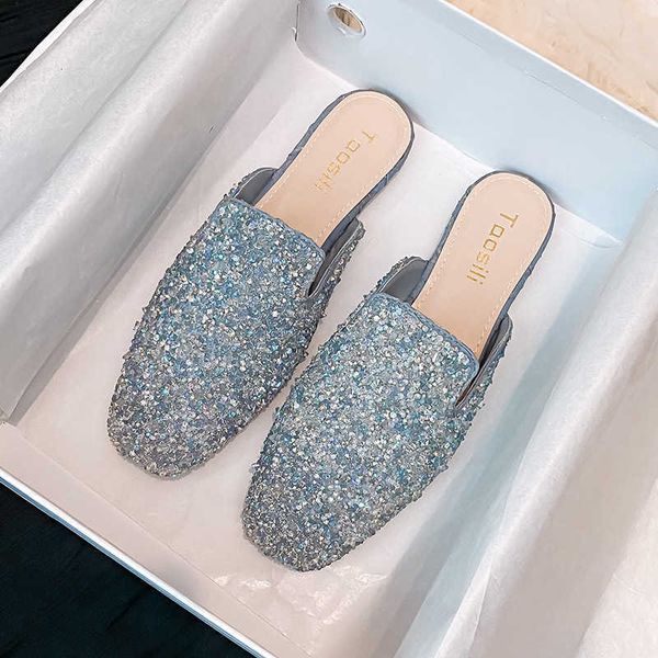 

sandals 2022 summer blue crystal slippers women square toe flat heel glitter sandals female rhinestone mules slides shoes big size 43 g23032, Black