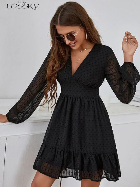 

casual dresses chiffon mesh long sleeve dress women casual white ruffle party dresses elegant solid v neck mini dress spring summer 230321, Black;gray