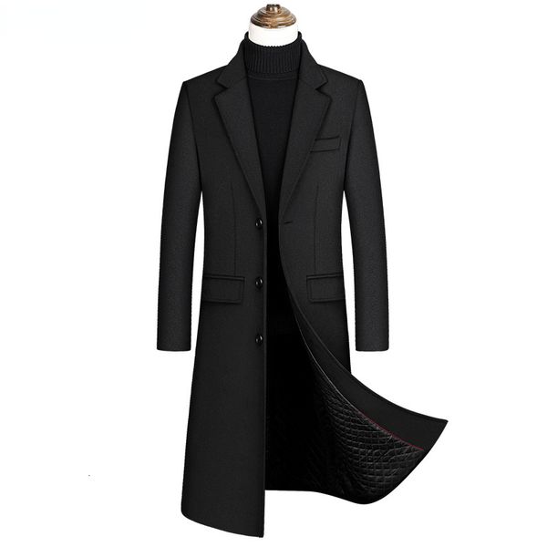 

men's wool blends long trench coat male winter brand mens cashmere slim fit en peacoat windbreaker 230321, Black