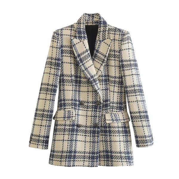 

women's suits blazer 2023 spring fashion double breasted tweed check coat vintage long sleeve pockets female outerwear chic 230321, White;black