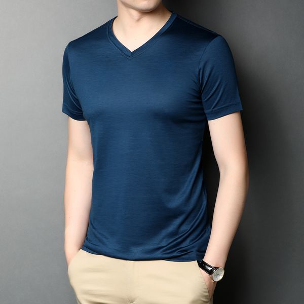 

men's t-shirts summer middle-aged men's double mercerized cotton v-neck short-sleeved t-shirt solid color casual korean version me, White;black