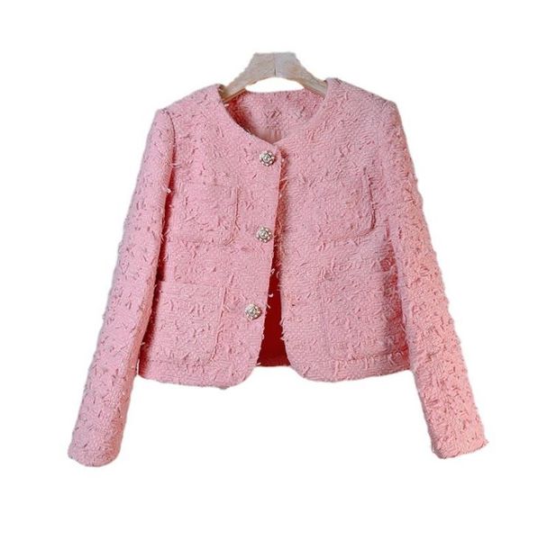 

308 xl 2023 spring women's jackets coat long sleeve crew neck tweed button pink blue fashion womens clothes huilin, Black;brown