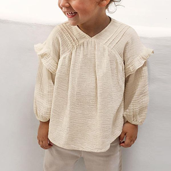 

kids shirts 100% cotton solid color v-neck girls blouse spring and autumn long-sleeved with ruffle casual loose children's shirts tz186, White;black