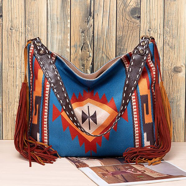 

niche design cotton and hemp shoulder bag 2023 european and american vintage hand-woven tassel crossbody tote bag large capacity single shou