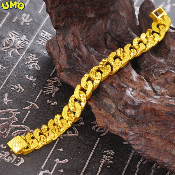 

charm bracelets umq vintage luxury 100% 24k 999 gold color cuban link copy pure 18k gold bracelets hip hop men bracelet bangle male accessor, Golden;silver