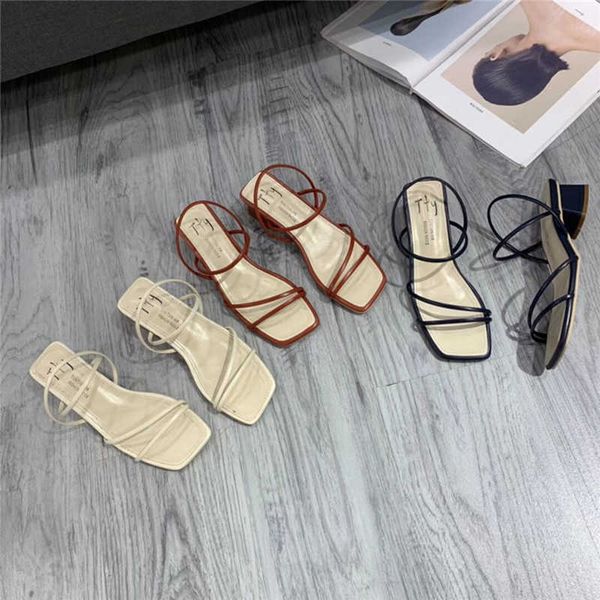 

sandals korean narrow band gladiator sandals women slippers summer shoes square toe slip on sandales rome low heels sandalias mujer 2021 g23, Black