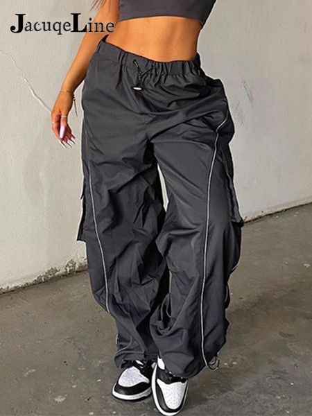 

women's pants capris jacuqeline loose wide leg baggy pants women hippie casual streetwear low waist cargo trousers contrast stitching s, Black;white