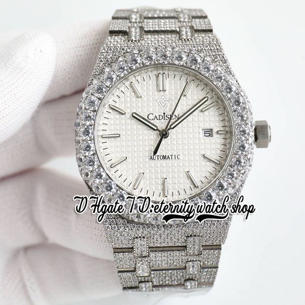 

bzf sf15400 japan m8215 automatic mens watch iced out big diamond bezel white texture dial stick markers stainless steel diamonds bracelet e, Slivery;brown