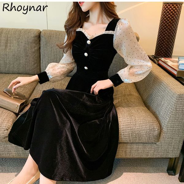 

casual dresses long sleeve dress women french style vintage patchwork casual fashion button all-match autumn tender ins leisure clothes desi, Black;gray