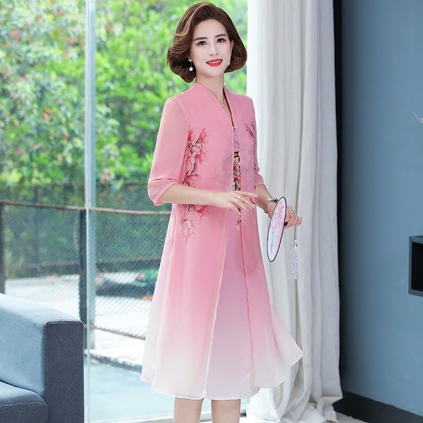 

casual dresses womens chiffon fake two pieces summer dress year-old middle-aged and elderly womens dress 230321, Black;gray