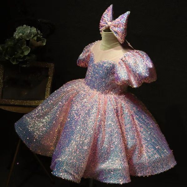 

sequined ball gown flower girl dresses pink bow princess lace appliques jewel neck toddler birthday party gowns daughter prom birthday dress, White;blue