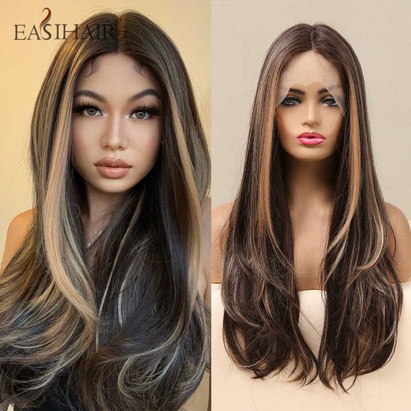 

synthetic wigs easihair long wavy synthetic brown lace front wigs blonde highlight frontal natural hair wig for women heat resistant 230227, Black
