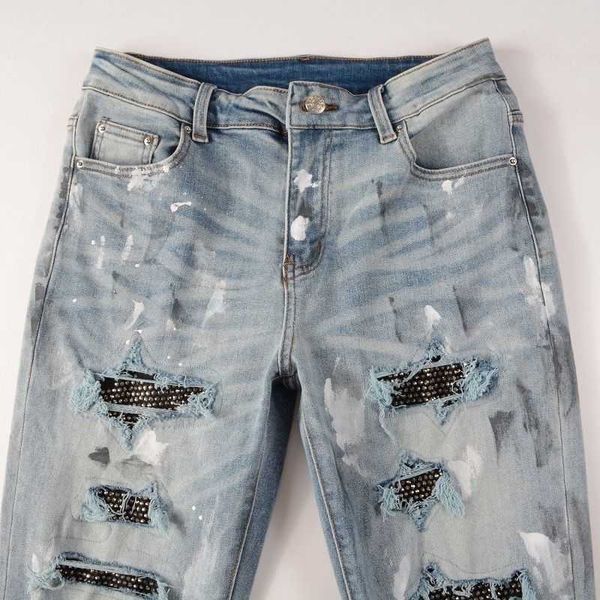 

jeans mens am1r1 trousers pants mirri ripped fashion designer brand new men's white embroidery patch elastic slim denim hip hop high ty, Blue