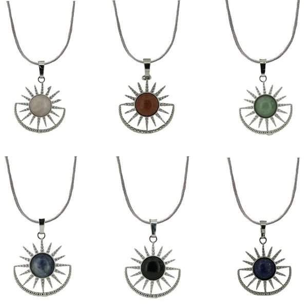 

trendy snake chains sun-shape amethyst tiger eye natural stone pendant necklace jewelry, Silver
