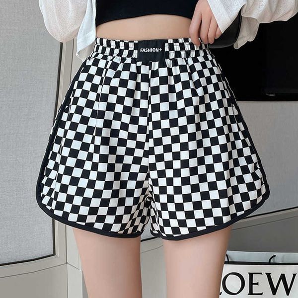 

women's shorts chessboard casual sports shorts women's summer new relaxed slim outwear high waist home yoga pants, White;black