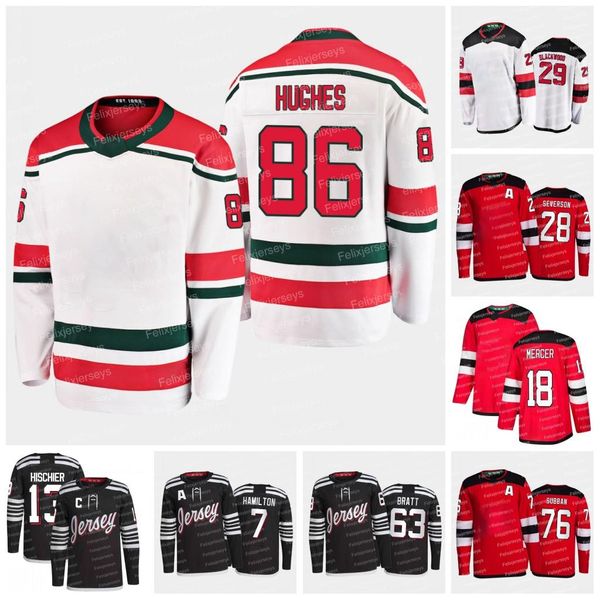 

86 jack hughes jersey jesper bratt nico hischier devil yegor sharangovich damon severson dawson mercer andreas johnsson pavel zacha tomas ta, Black;red