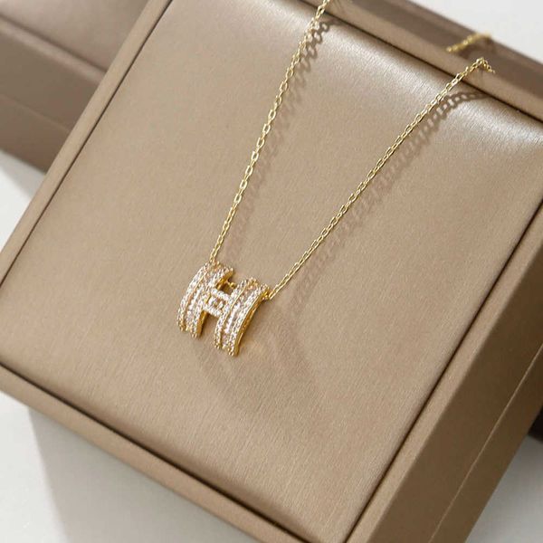 

pendant necklaces strands strings micro inlaid letter h necklace female light luxury niche design sense clavicle 2022 new temperament neck c, Silver