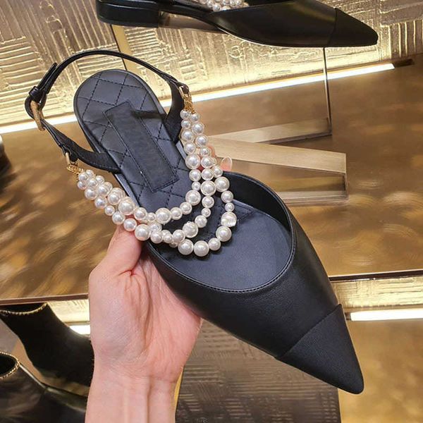 

sandals new fashion pearl strings sandals women pointed toe leather patchwork beading gladiator sandalias mujer low heel pumps 2022 g230321, Black