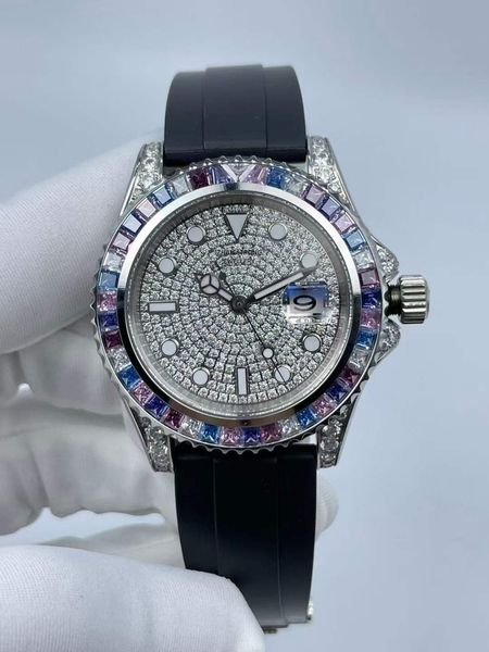 

designer men's watches diamond bezel automatic mechanical stainless steel man watch classic generous rubber strap adjustable wristwatch, Slivery;golden