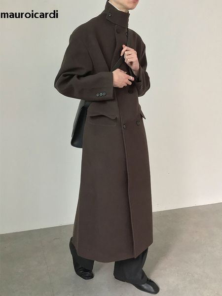 

men's wool blends mauroicardi autumn winter long black brown warm soft coat men stand collar double breasted runway fashion 2023 230321