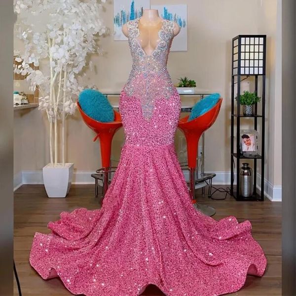 

sparkly pink mermaid evening dresses 2023 sheer neck beads crystal gillter graduation party prom dress formal gowns robe de bal, Black;red