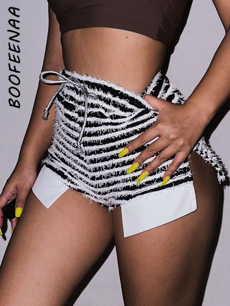 

women's shorts boofeenaa black and white striped knitted drawstring slit booty streetwear baddie clothes pants clubwear c66cc19 230320, White;black