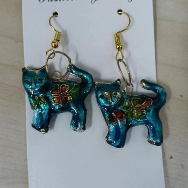 

cloisonne enamel filigree pendants cat charms earrings wholesale unique traditional handcraft colorful earrings ear dangle women accessories, Golden