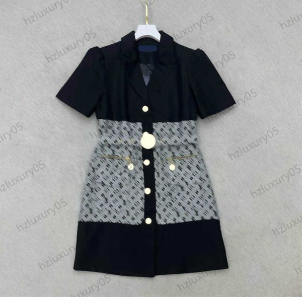 

brand dresses patchwork classic jacquard fabric lapel bubble short sleeve suit dress custom original belt pocket designer maxiskit commuting, Black;gray