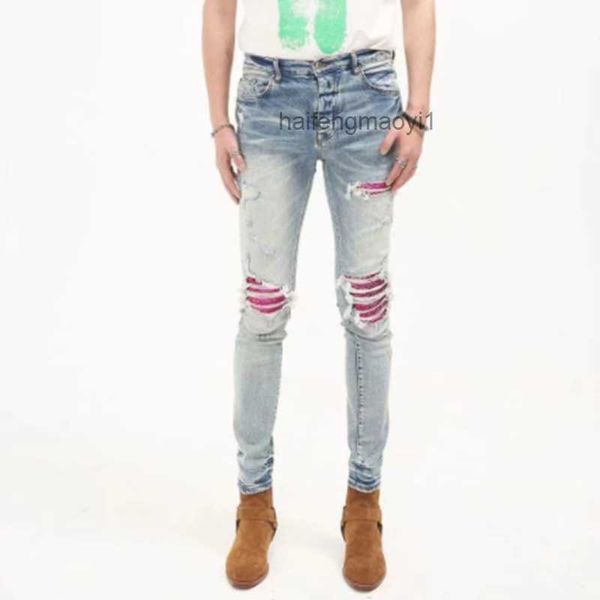 

am fashion leather patch jeans ripped holes skinny jeans for men women, Blue