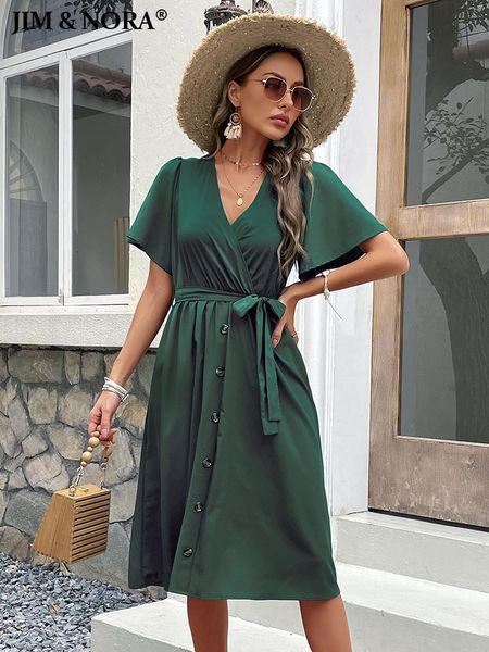 

casual dresses jim nora women summer elegant v neck ruffle midi dress short sleeve solid button up casual green dresses with belt fashion 23, Black;gray