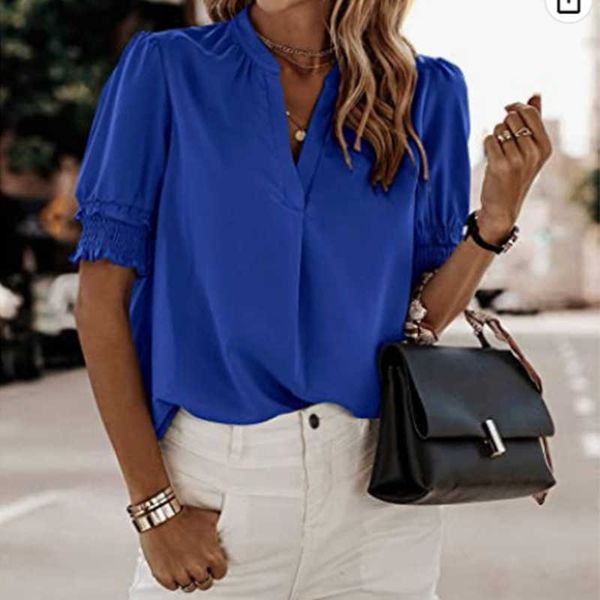 

2023 women's new v-neck casual short sleeve solid chiffon shirt, White